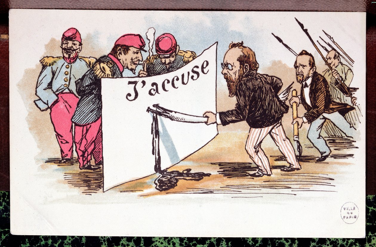 Karikatyr av Jaccusa, artikel skriven av Emile Zola (1840-1902) till försvar av Alfred Dreyfus, 1898 av French School