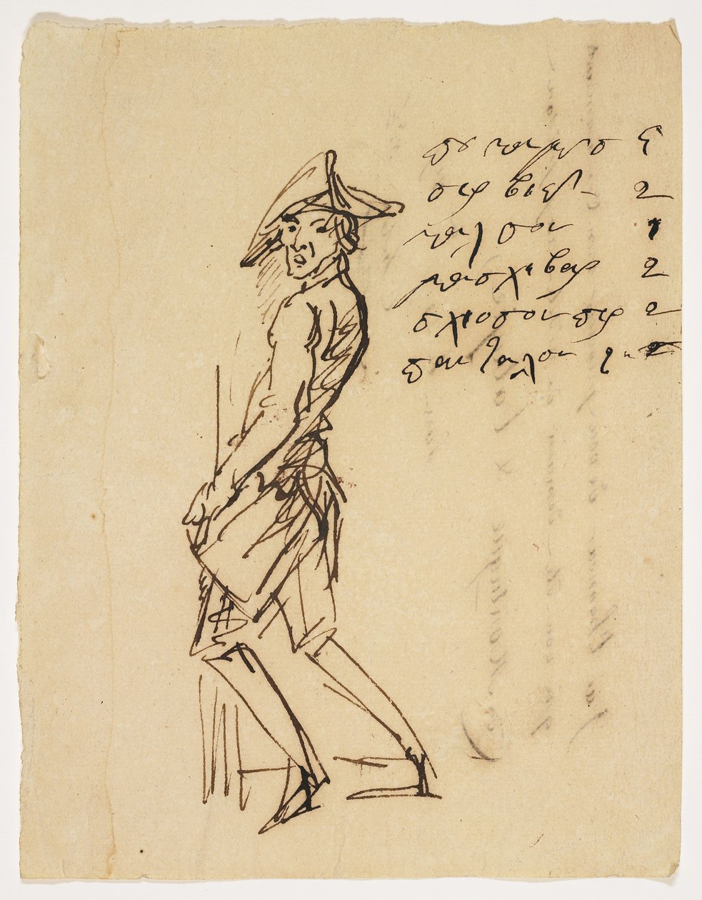 Karikatyr av en ung soldat, 1809 (penna och brunt bläck på papper) av French School