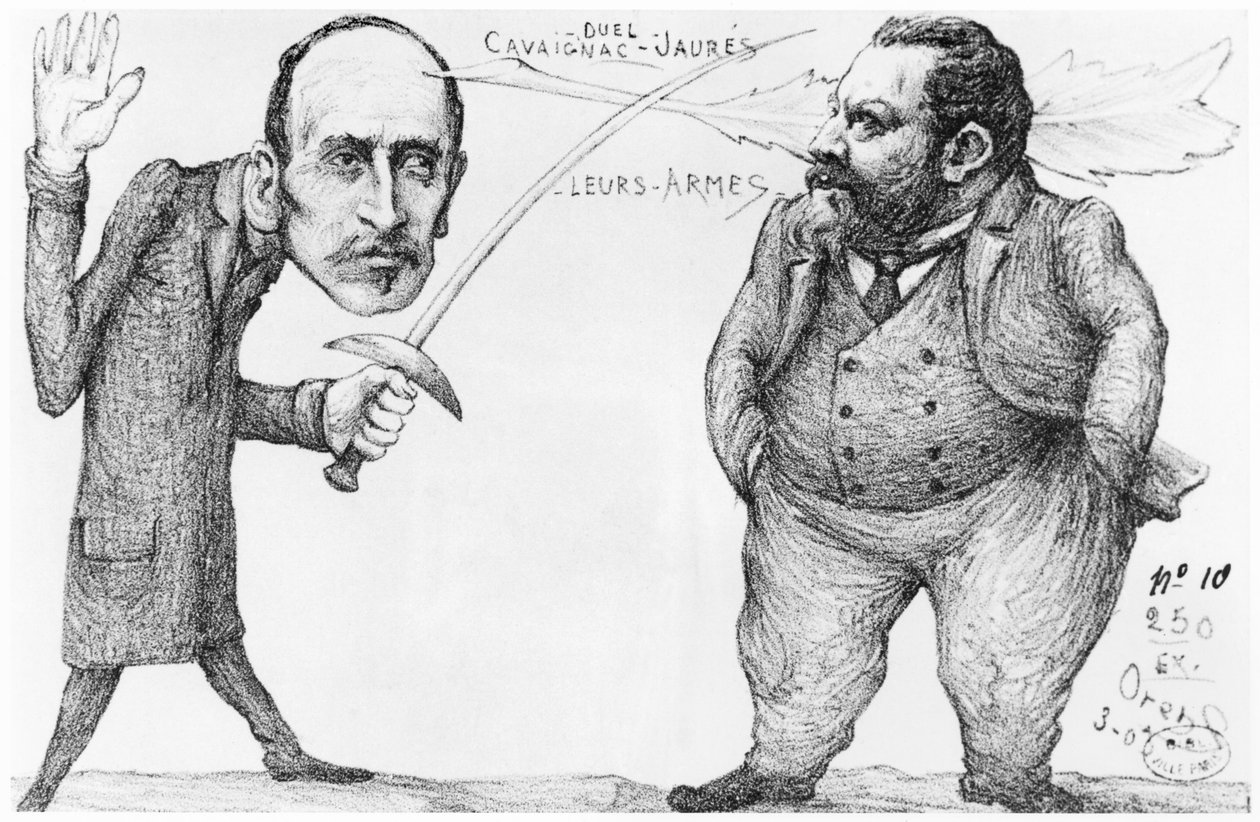 Karikatyr av en duell mellan Godefroi Cavaignac (1801-45), krigsminister och Jean Jaures (1859-1914) socialistledare och pacifist, 1898 av French School