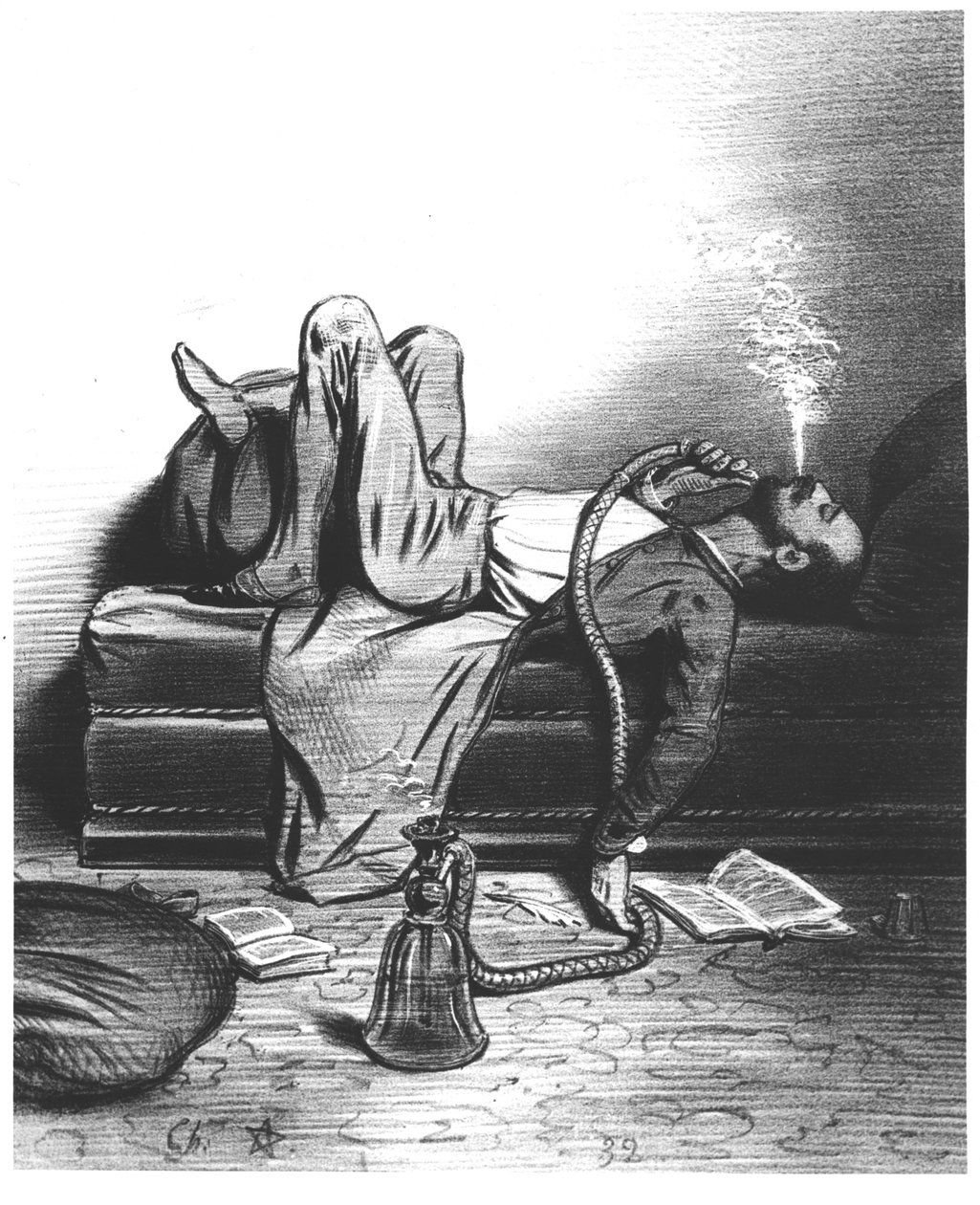 Karikatyr av den romantiska författaren som söker sin inspiration i hasch, ca. 1849 av French School
