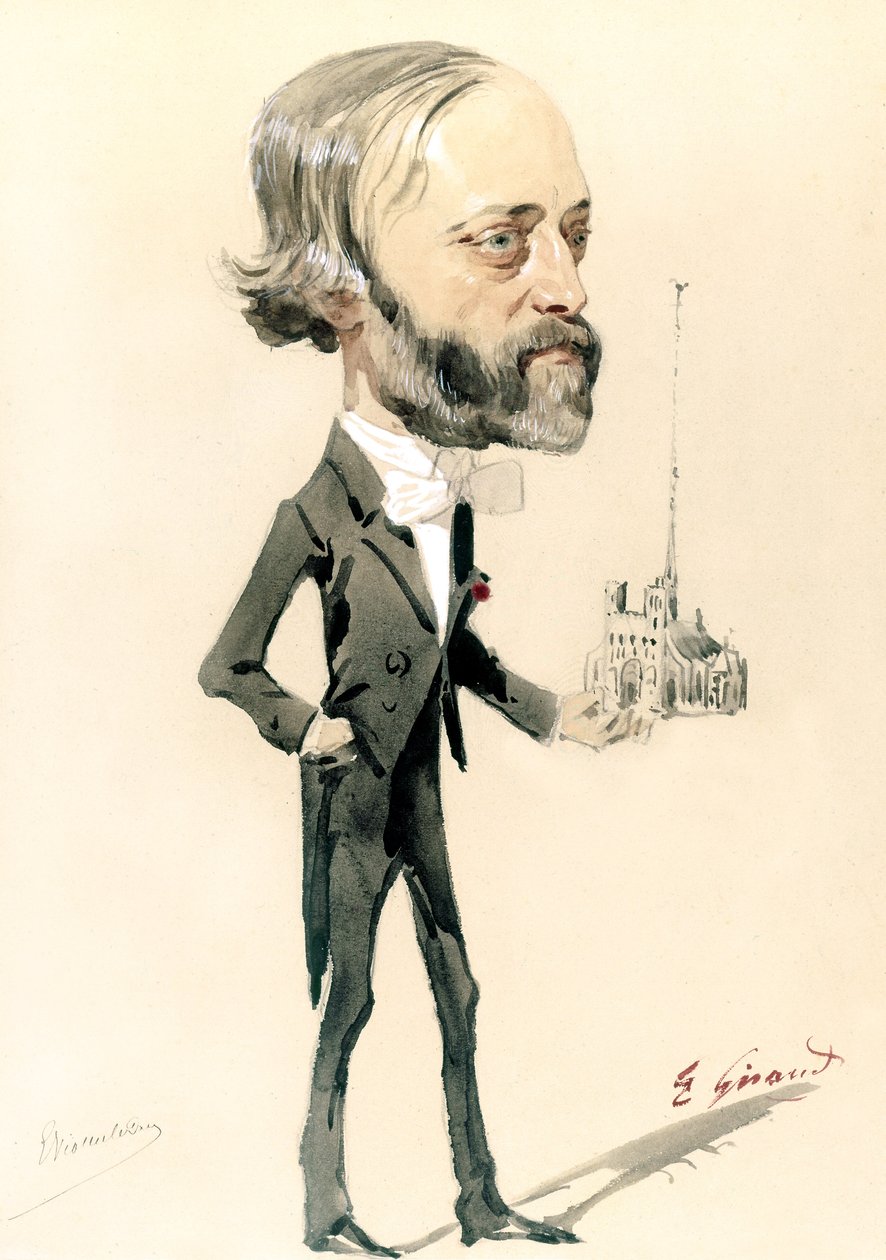 Karikatyr av arkitekten Eugène Emmanuel Viollet-le-Duc (färg litho) av French School