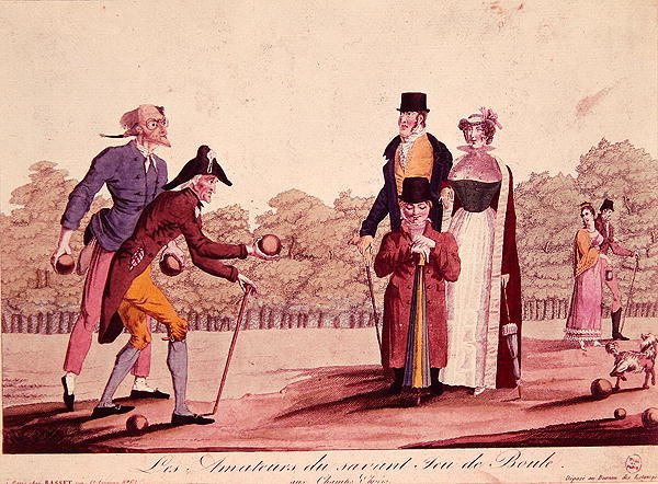 Karikatyr av bollspelet (Le Jeu de Boules), tidigt 1800-tal (färg litho) av French School
