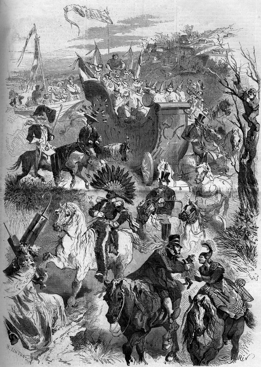 Carnival of Mardi Gras, Frankrike, 8 mars 1859: nedstigning till Paris för maskeraden av Sevres. Gravyr i "" Le Monde Illustré"" nr 100 av 19 mars 1859. av French School