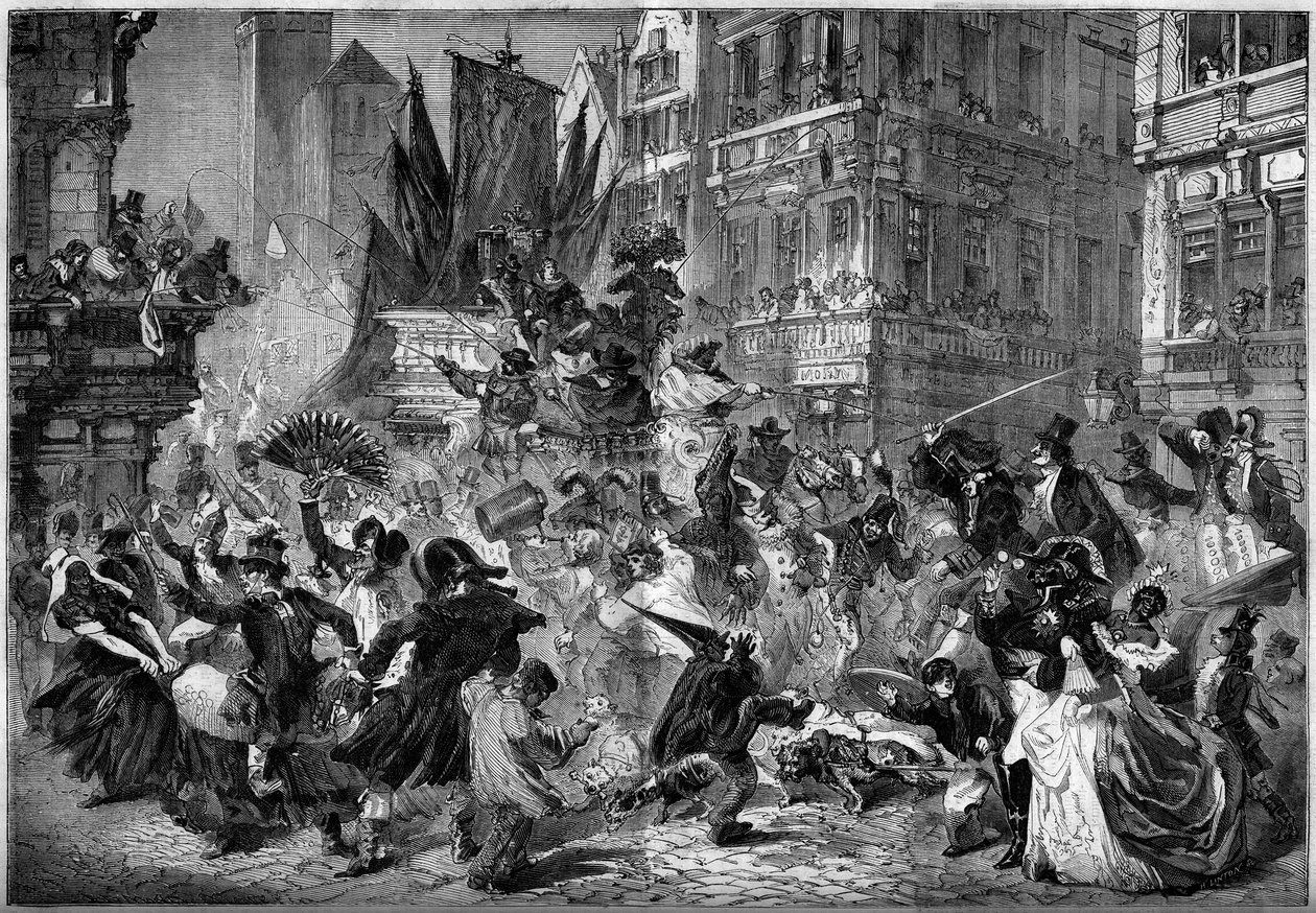 Karnevalsscen på gatorna i Antwerpen (Belgien) 1860. Gravyr i "" Le Monde Illustré"" nr 151 av 3 mars 1860. av French School