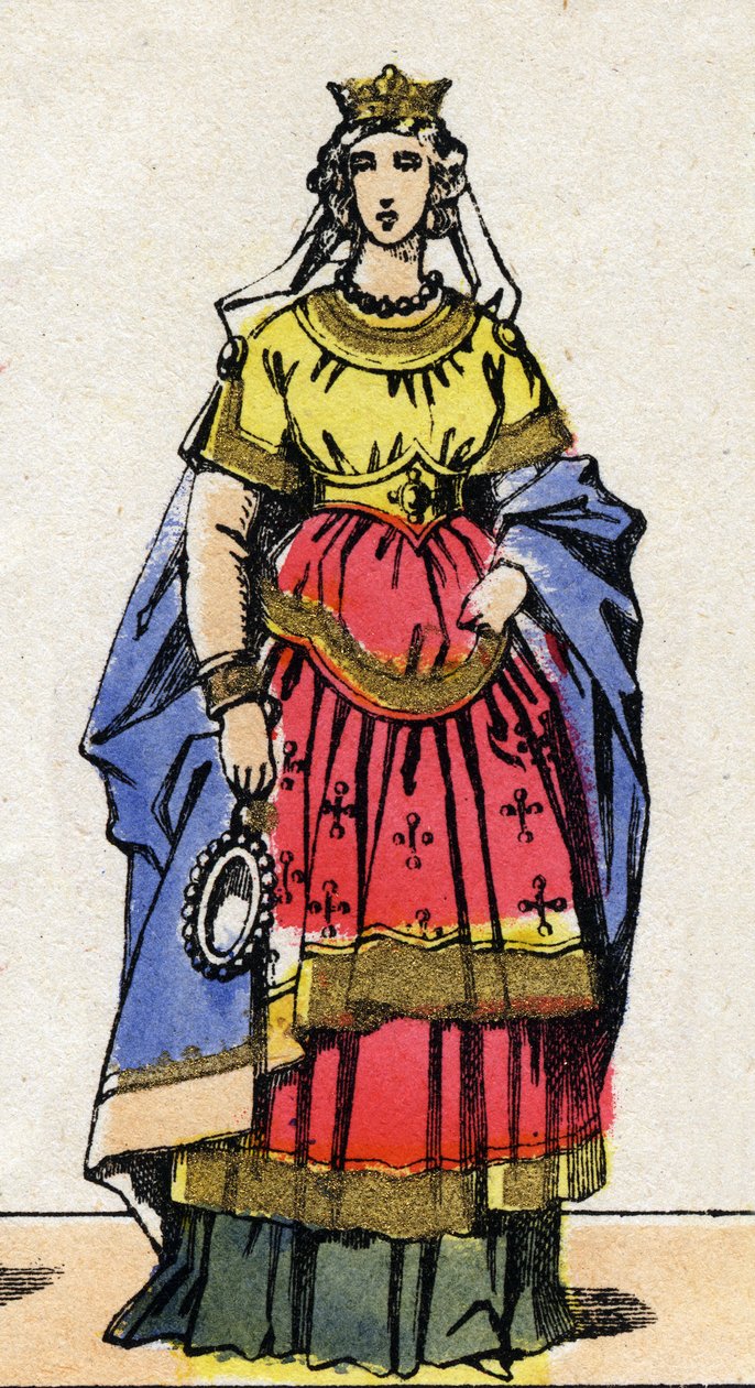 Karolingiska dynasti: Porträtt Emma av Italien (nee omkring 948) Drottning av Frankrike fru Lothaire (941-986). Epinal avbildning från slutet av 1800-talet. Privat samling. av French School