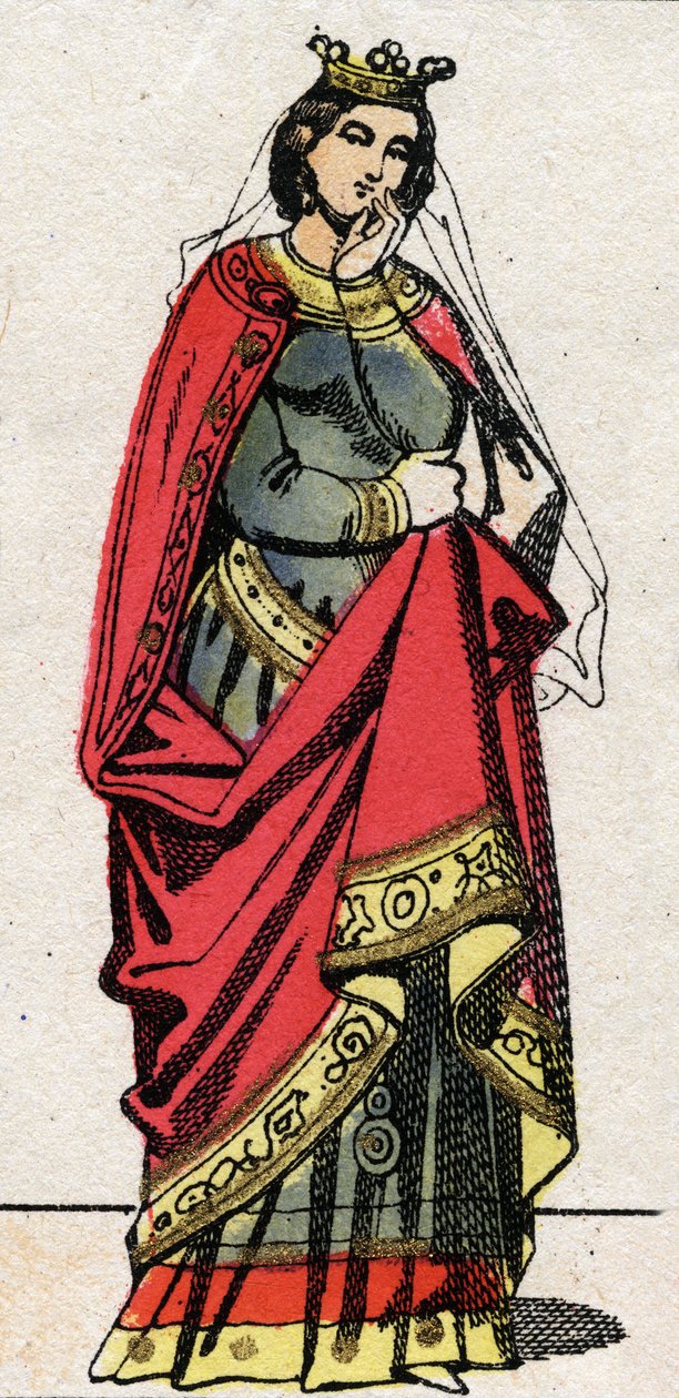 Karolingiska dynastin: Porträtt av Adelaide av Friuli (eller Aelis, cirka 850-901) Franckernas drottning, fru till Ludvig II Begue (846-879). Epinal avbildning från slutet av 1800-talet. Privat samling. av French School