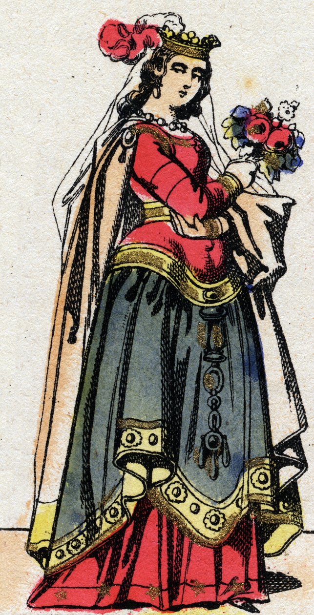 Karolingiska dynasti: Porträtt av Hildegarde av Vintzgau (v. 758-783) hustru till Karl den store eller Karl den Store (Carolus Magnus, 742-814). Epinal avbildning från slutet av 1800-talet. Privat samling. av French School