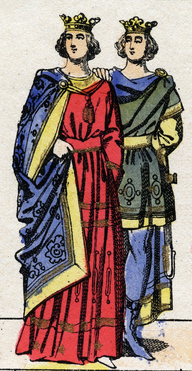 Karolingiska dynasti: Porträtt av Ludvig III (v. 863-882), frankernas kung 879-882 och av Carloman II (867-884), frankernas kung 879-884. Epinalbild från slutet av 19:e århundrade. Privat samling. av French School