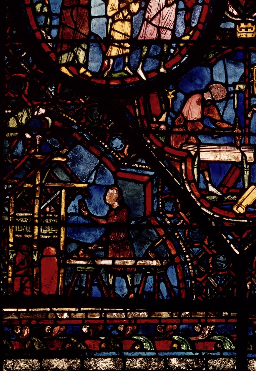 Snickare på jobbet, detalj från Life of St. Julian the Hospitaller-fönstret i norra ambulatoriet av French School