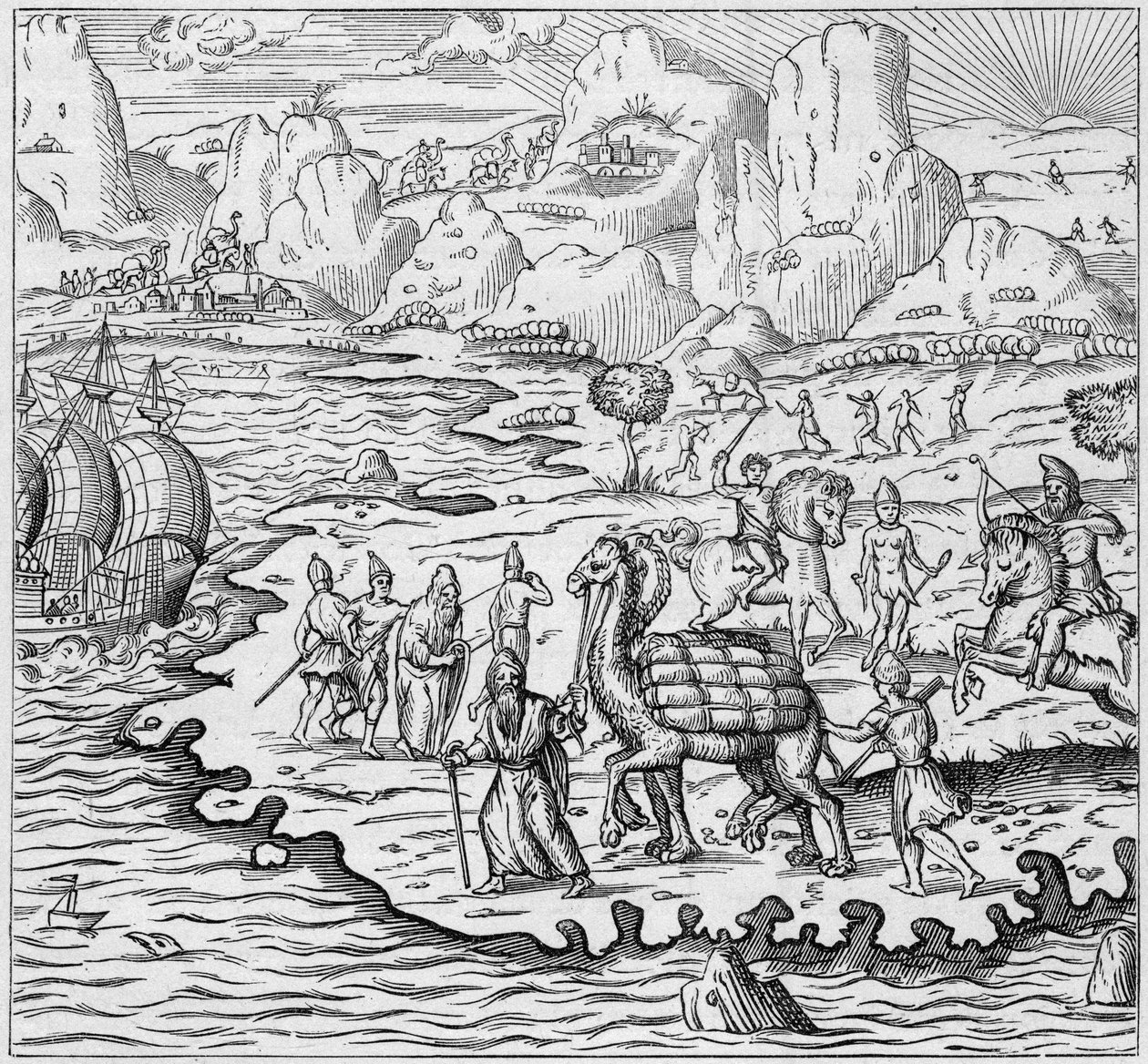 Godstransport med kamel för lastning av fartyg som lämnar den grekiska disken i Alexandria till Europa. Gravyr i "La Marine et les colonies: handel" av French School