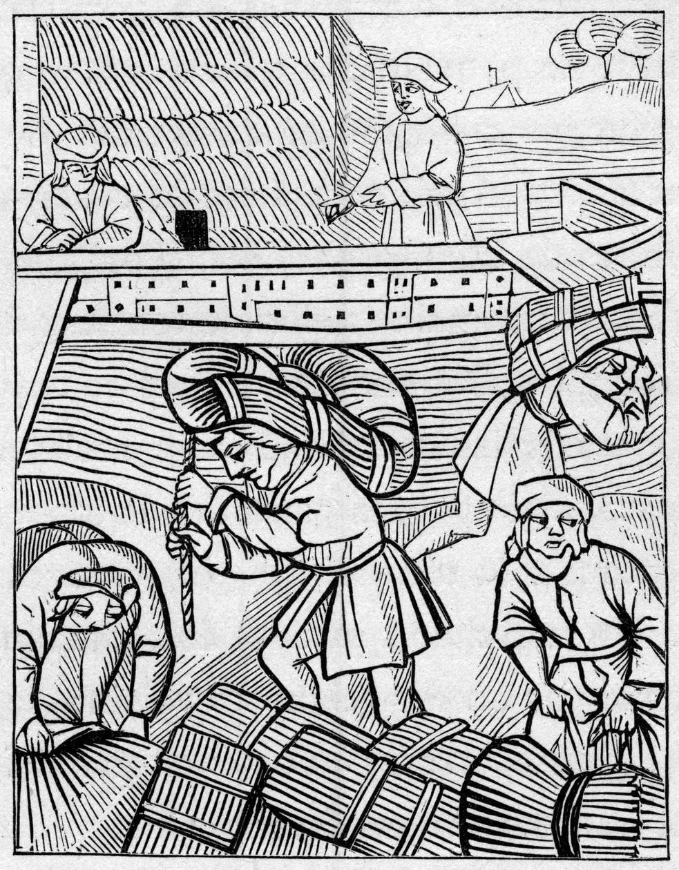 Bärare av hö under medeltiden. Gravyr i "La Marine et les colonies: handel" av French School