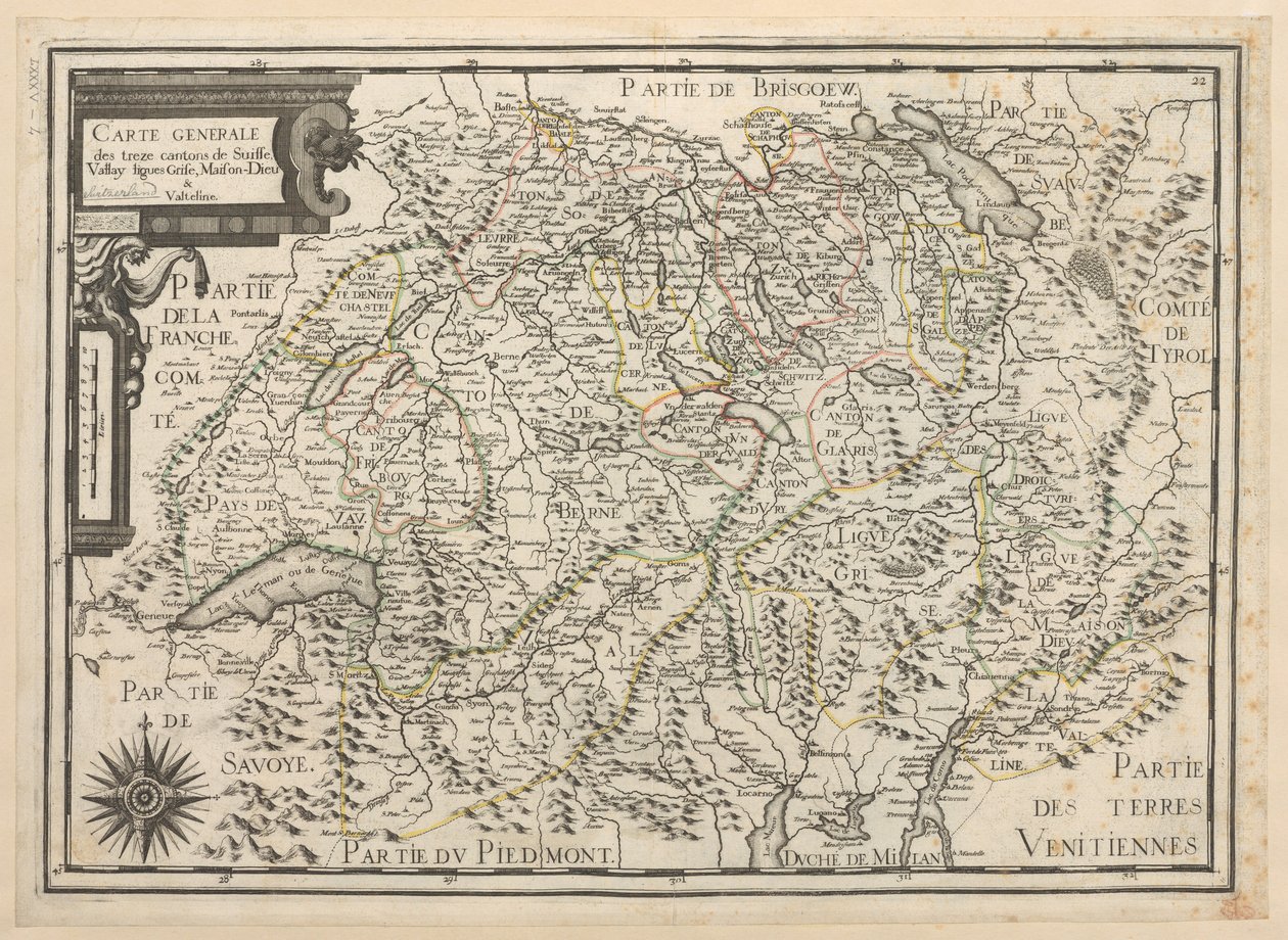Allmän karta över de tretton kantonerna Schweiz, Vallay, Ligues, Grise, Maison-Dieu och Valteline av French School