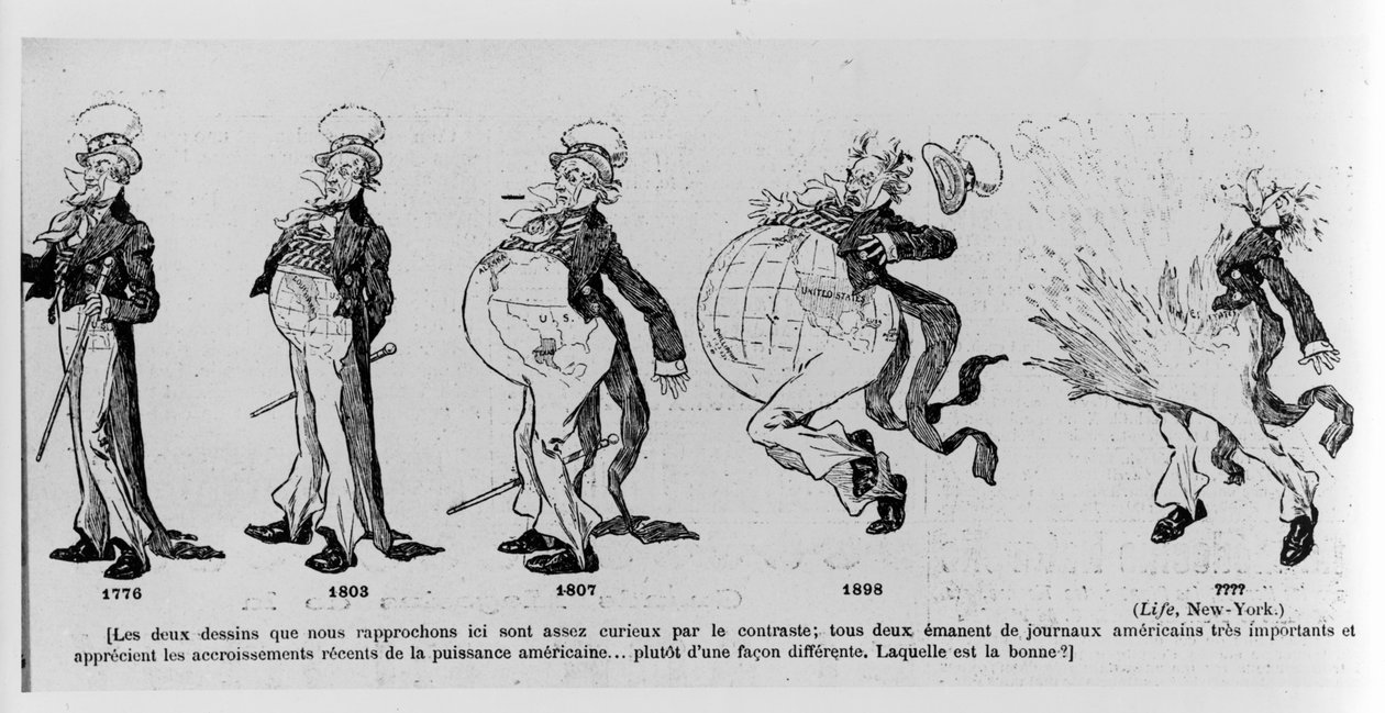 Tecknad film som kommenterar markförvärven i USA, illustration från Le Rire, 4 mars 1895 av French School