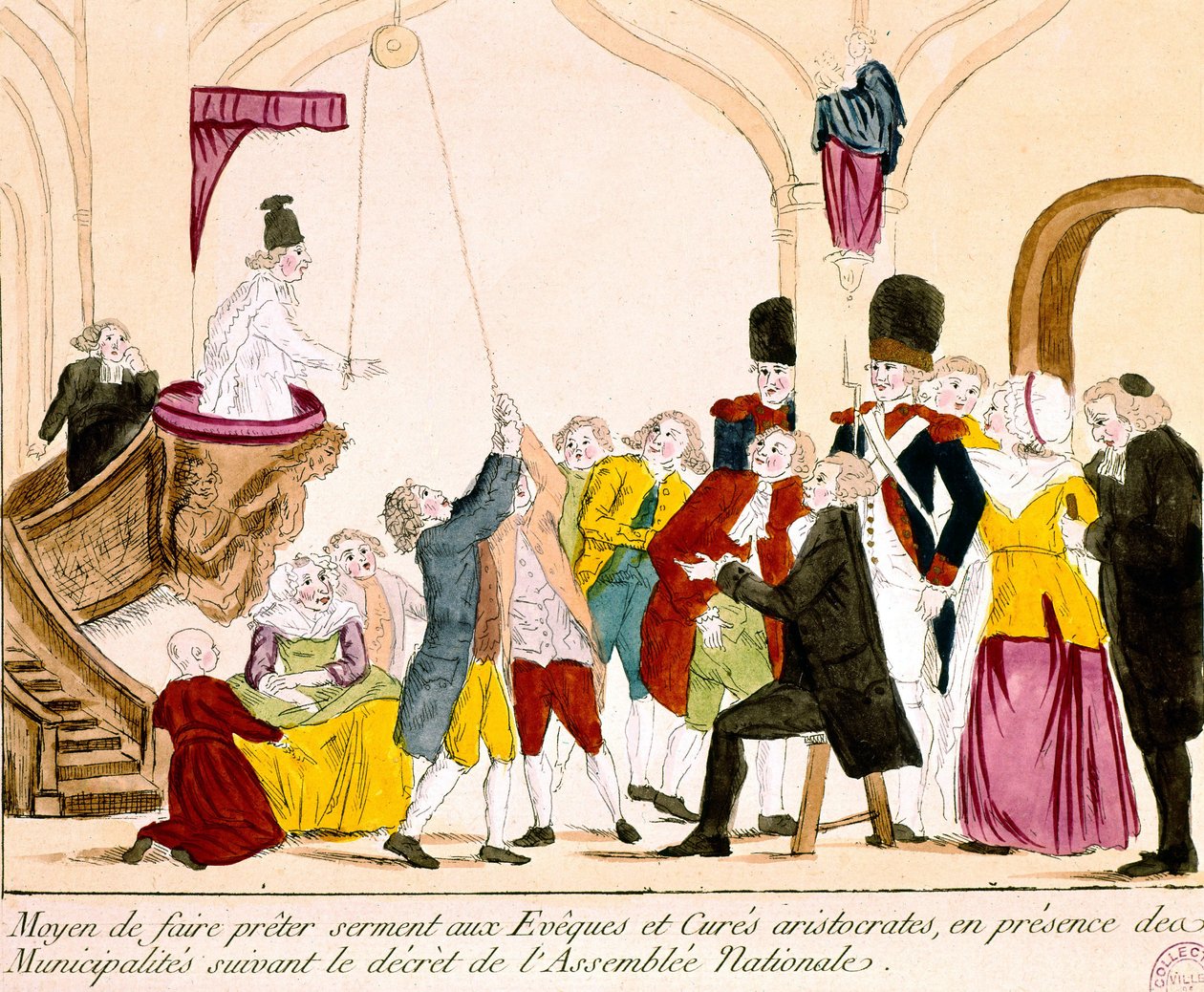 Tecknad film föreställande franska aristokrater och präster som avlägger trohetseden till republiken (färgad gravyr) av French School