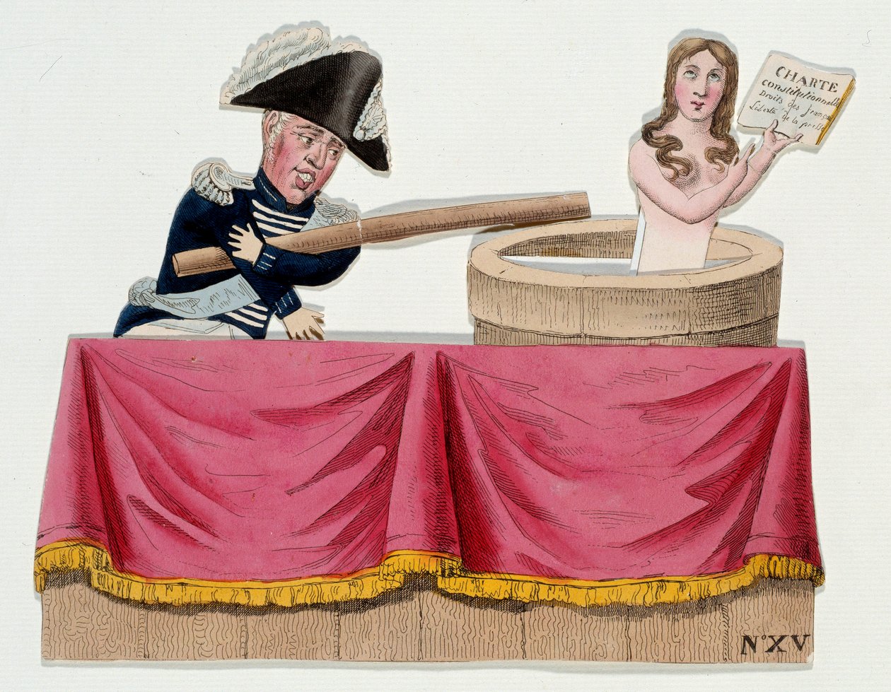Tecknad serie föreställande kung Karl X (1757-1836) i form av guignols som förnekade den konstitutionella stadgan vid den tidpunkt då kungen avskaffade pressfriheten i juli 1830 (Saint Cloud förordningar). Gravyr omkring 1830. Paris, Musee Carnavalet av French School