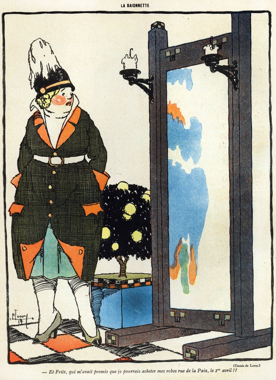 Tecknad serie som föreställer en tysk dam som är besviken över att inte kunna köpa sina nya kläder i Paris i rue de la Paix, från April Fools Day (Poisson dAvril) upplagan av La Baionette magazine, 29 mars av French School