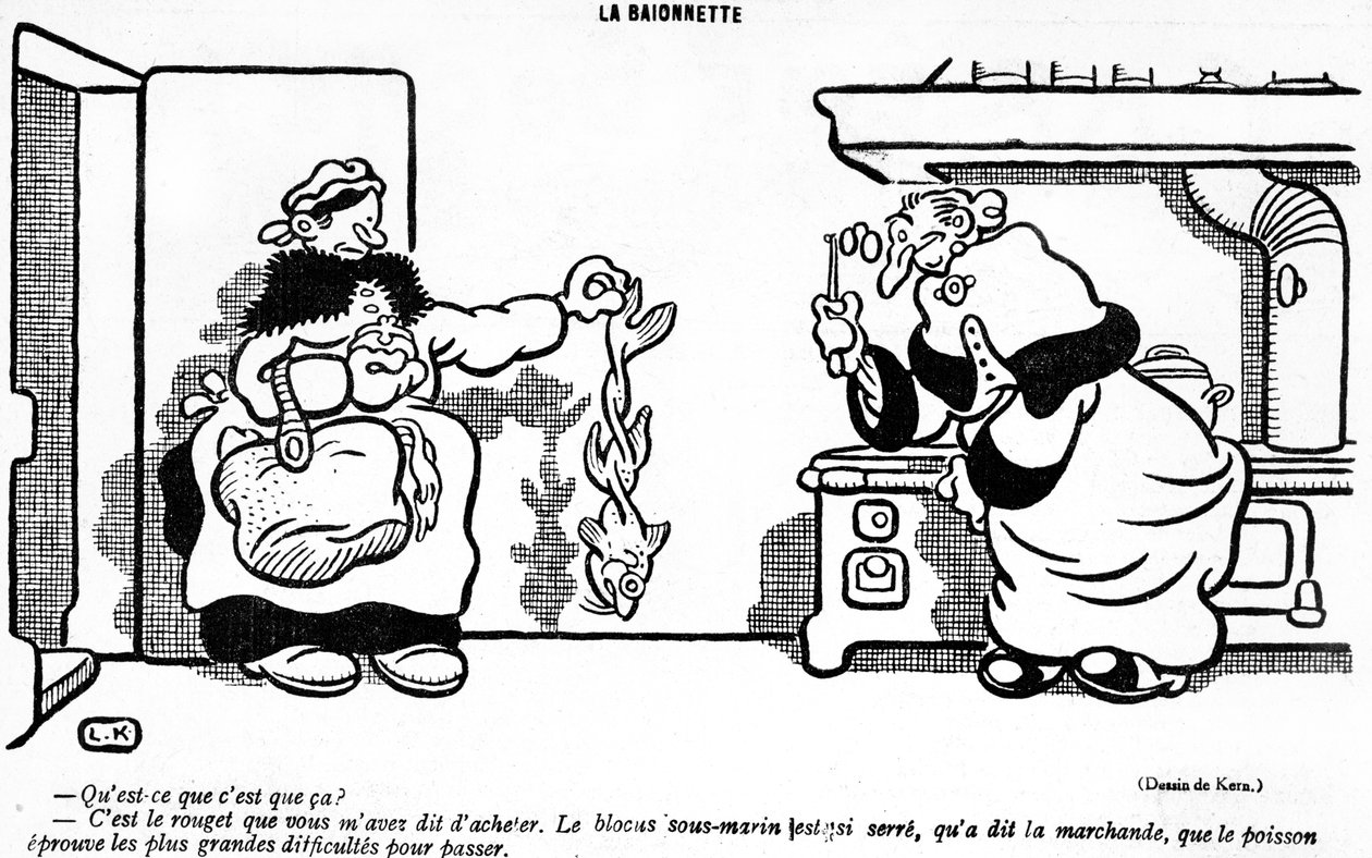 Tecknad serie som skildrar den katastrofala effekten av ubåtsblockaden på en fisk köpt på en fransk marknad, från April Fools Day (Poisson dAvril) upplagan av La Baionette magazine, 29 mars 1917 av French School