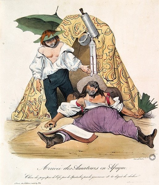Tecknad film med franska konstnärer i Algeriet, ca 1830 (lito i färg) av French School