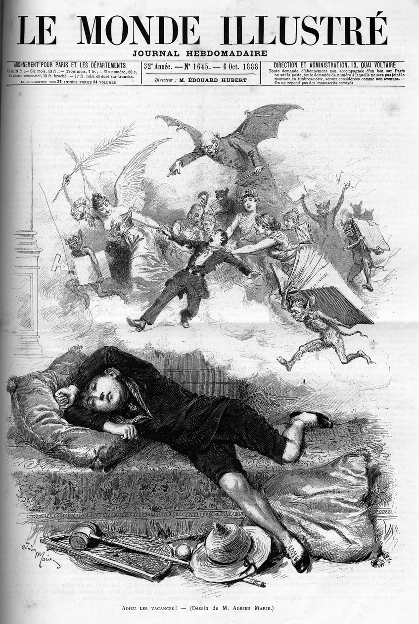 Tecknad film av en ung skolpojke som tillrättavisar från slutet av semestern som närmar sig klassuthyrning 1888. av French School