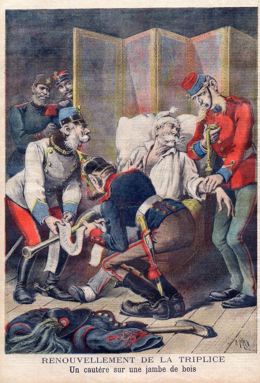 Tecknad film om trippelalliansen Tyskland, Österrike och Italien, från "Le petit Journal", juni 1896 av French School