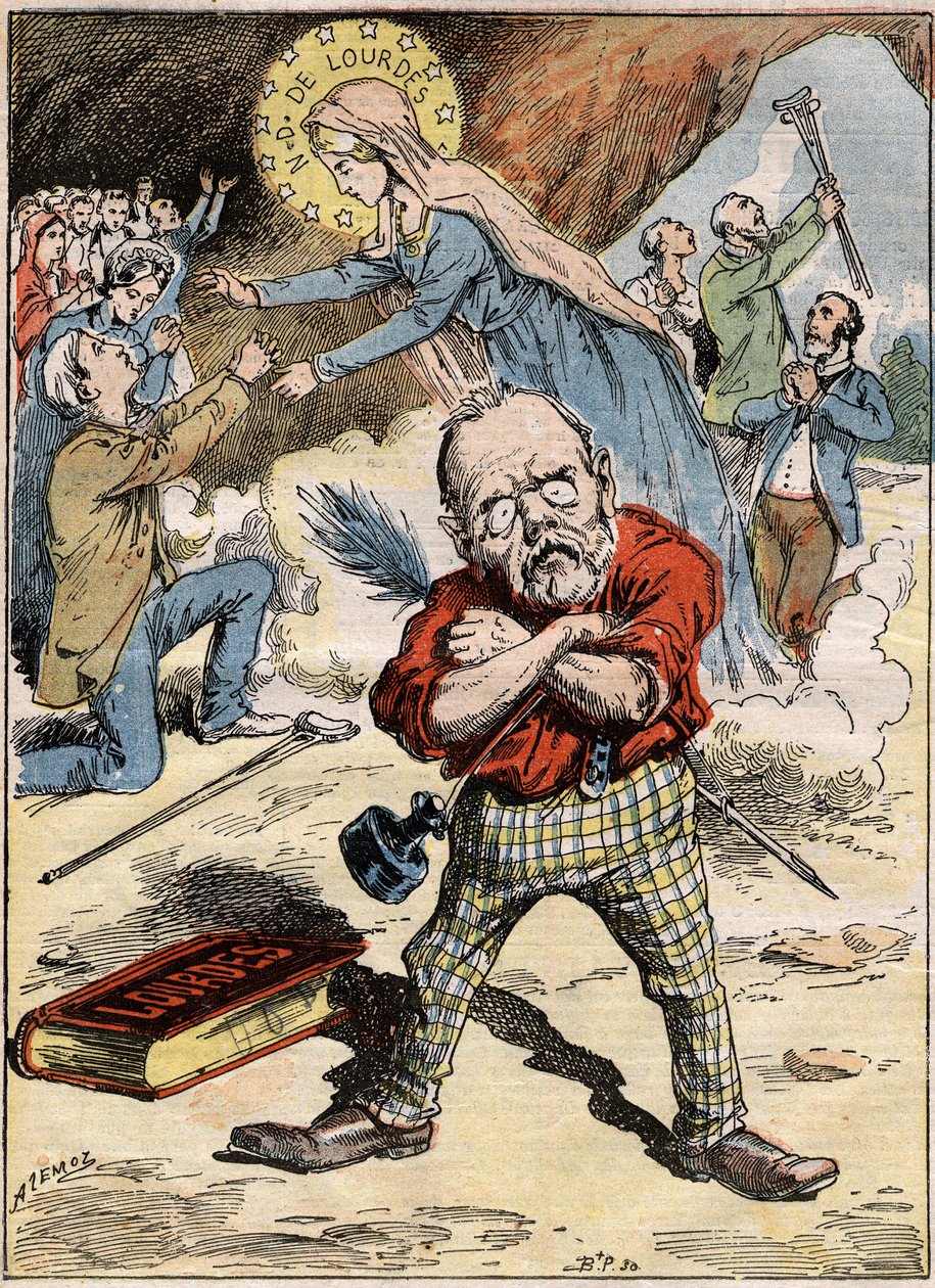 Tecknad film av författaren Emile Zola (1840-1902) som är förbryllad över de troendes hängivenhet i Lourdes, trots hans kritik av ämnet uttryckt i hans roman "Lourdes". Gravyr i "" Le Pelerin"" av 30 augusti av French School