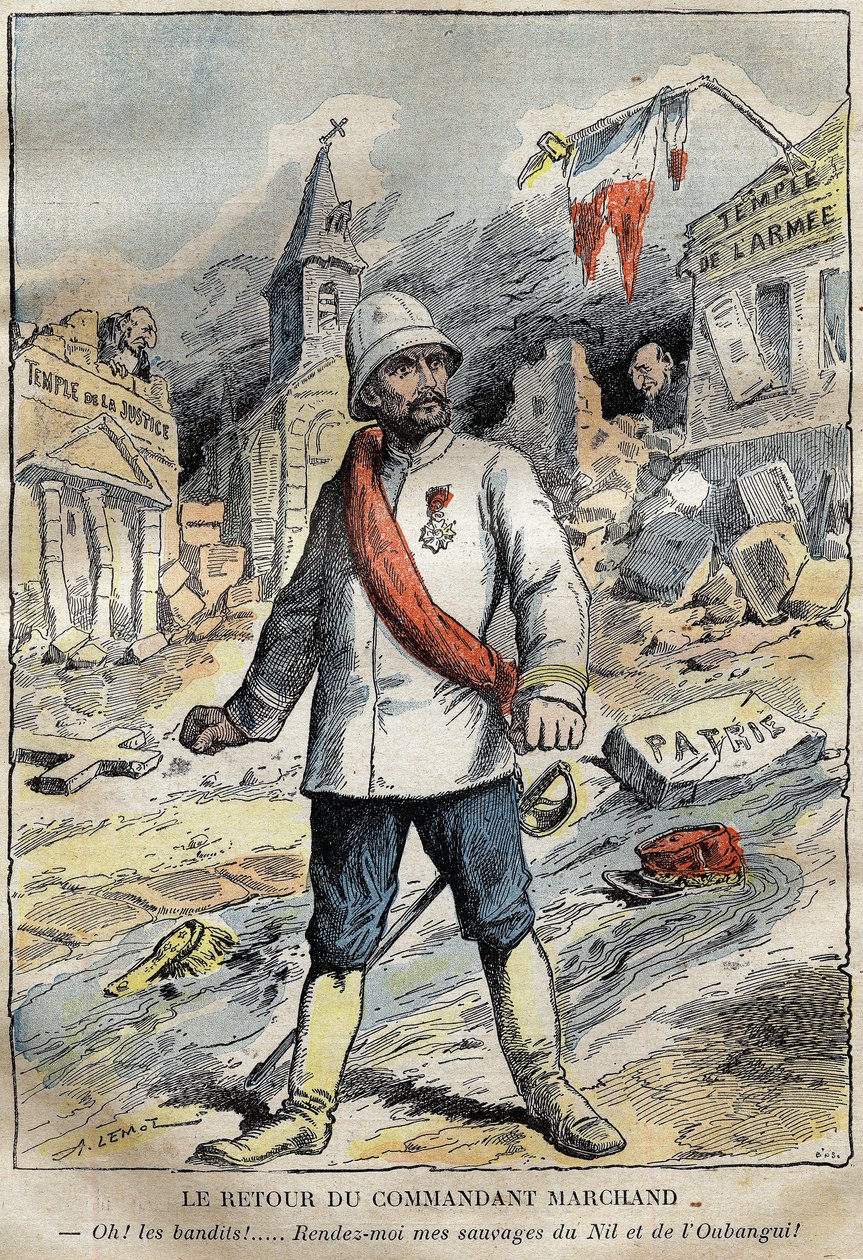 Tecknad film om befälhavaren Jean-Baptiste (Jean Baptiste) Marchand (1863-1934), i Toulon, på väg tillbaka från ett utforskningsuppdrag (1896-1899) i Afrika. Gravyr i "" Le Pelerin"" 4/06/1899. av French School