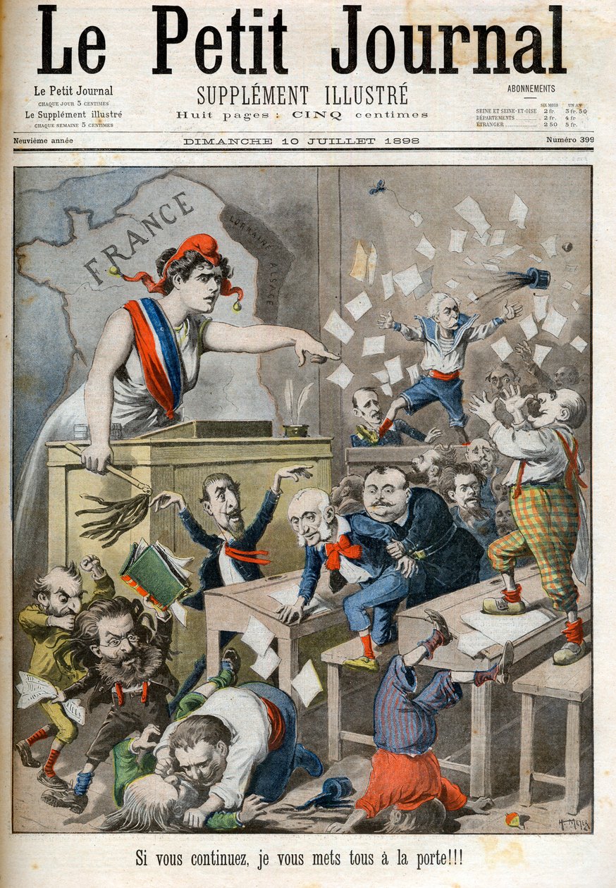 Tecknad serie på order av Deputeradehuset - Le petit Journal, juli 1898. - Marianne och den politiska klassen. I centrum, Paul Deroulede (1846-1914), Jules Meline (1838-1925), Edouard Drumont (1844-1917) - Om ni fortsätter kommer jag att sätta er alla vid  av French School