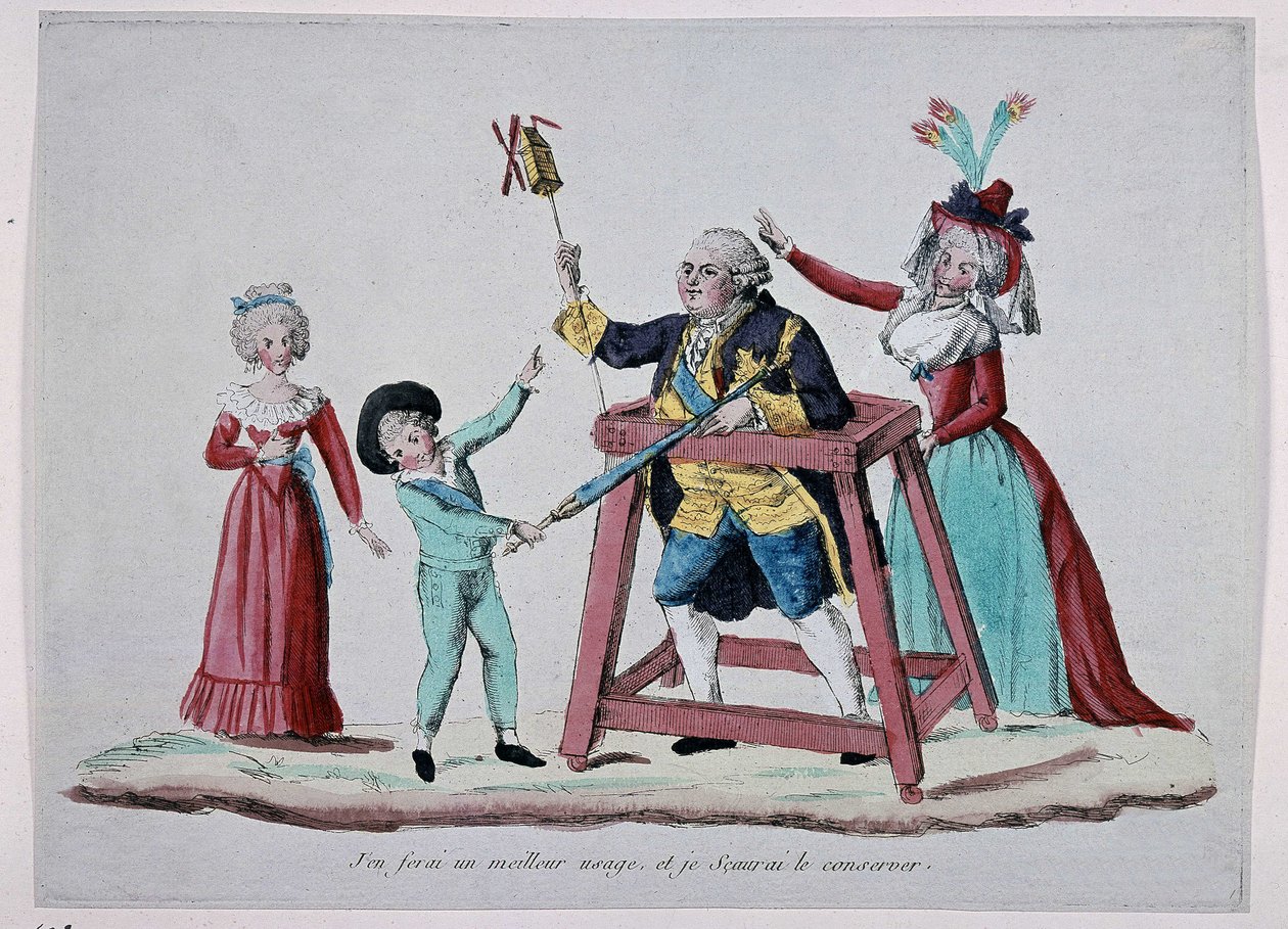 Tecknad film om kungafamiljen (Louis XVI och Marie Antoinette med sina barn) under franska revolutionen, cirka 1790 - Musee Carnavalet av French School