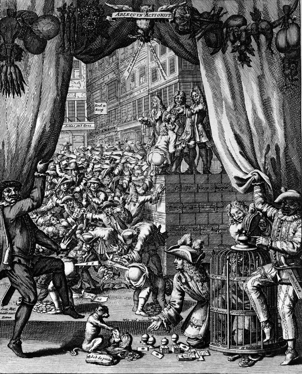 Tecknad film om systemet av John Law, rue Quincampoix - John Law de Lauriston (1671-1729). gravyr av French School