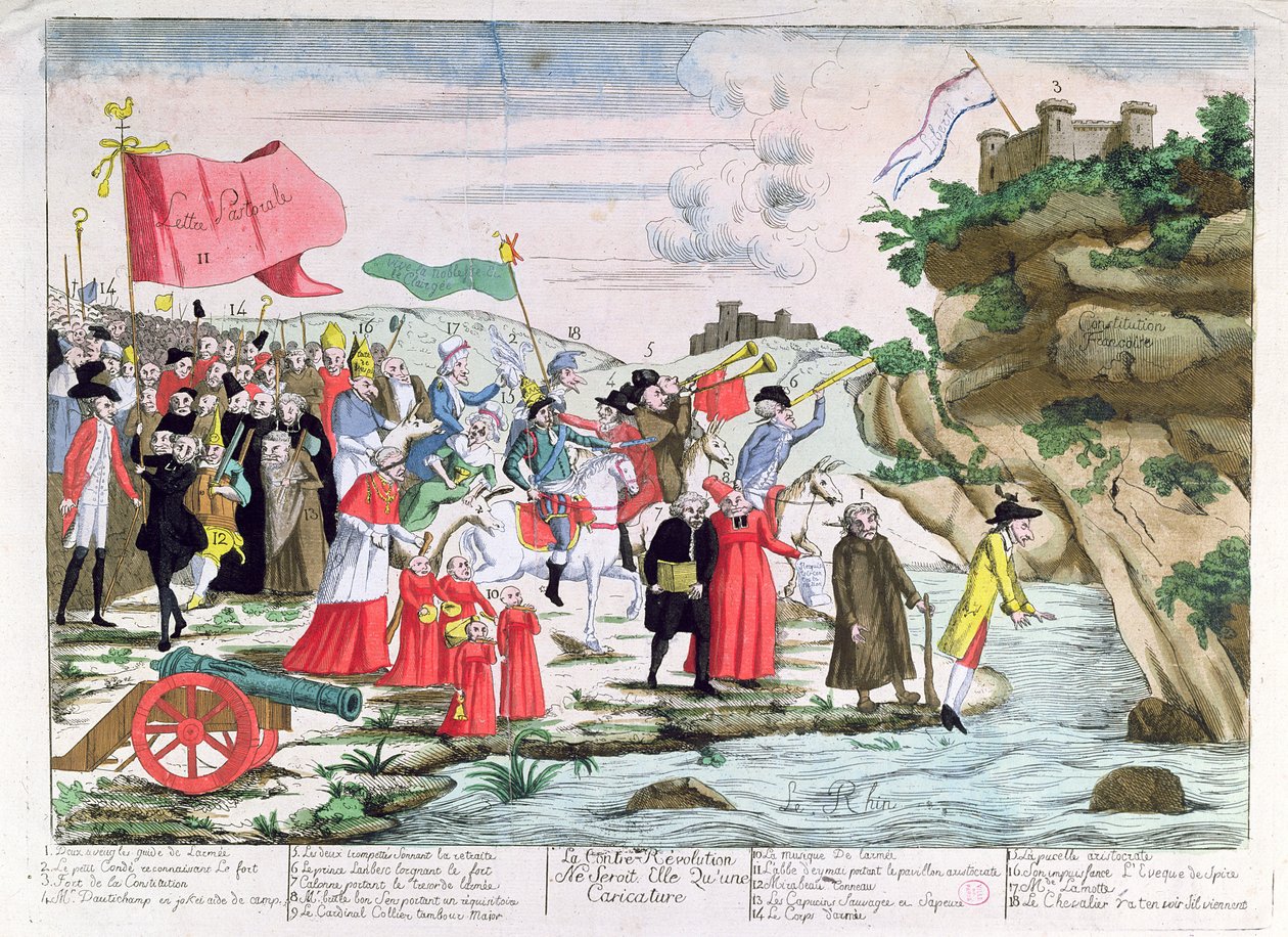 Tecknad serie som förlöjligar det franska prästerskapet och aristokraterna som tog sin tillflykt till Tyskland under revolutionen, ca 1792 av French School