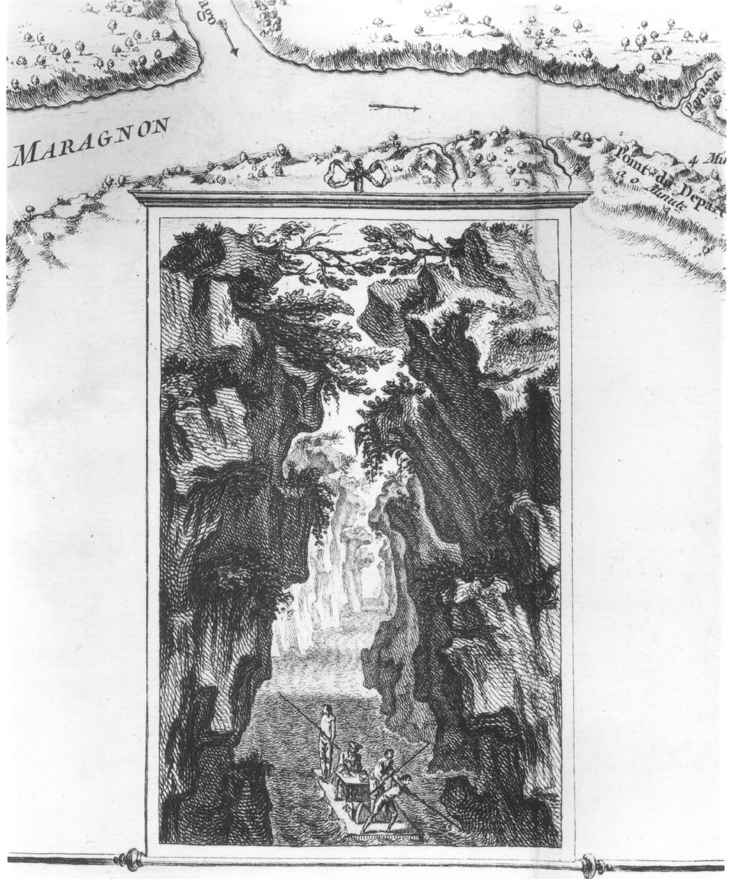 Patron föreställande La Condamine på en flotte på Amazonas, på en karta som heter Carte du strait kallas Pongo de Manseriche dans le Maragnon ou la riviere des Amazones, illustration från Histoire de l