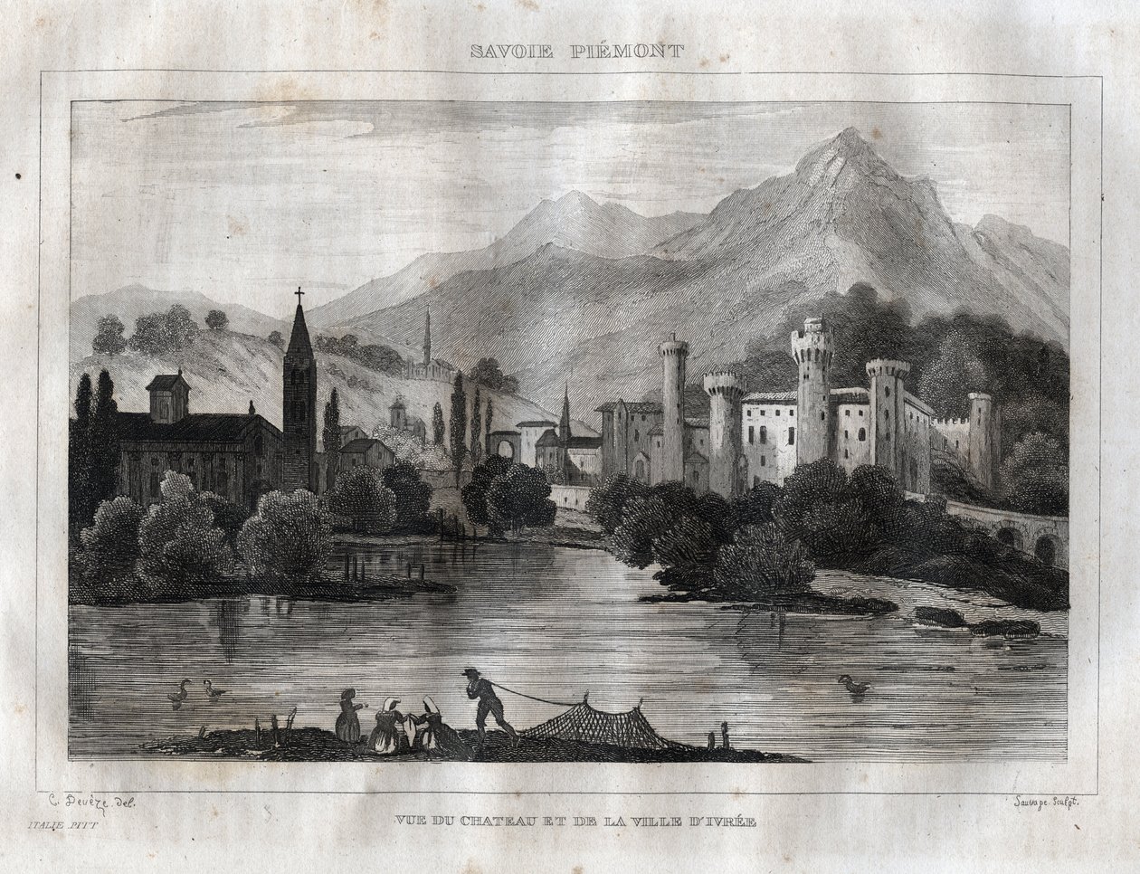 Slottet av Ivrea - Castello di Ivrea - Gravyr från "" Pittoreska Italien"" av M. de Norvins, Ch. Nodier 1834-1836. av French School