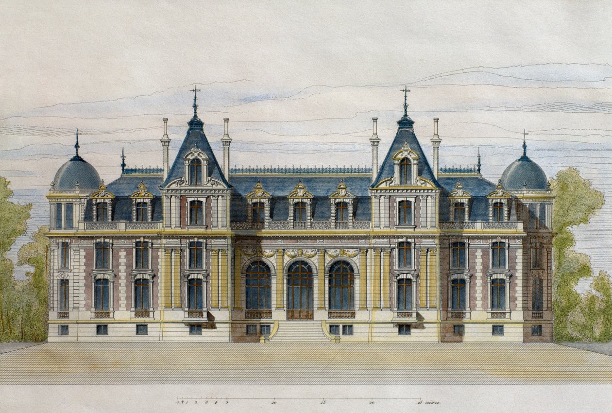 Slottet Neuflize som tillhör Pate Brothers, trädgårdsfasad, illustration från Le Moniteur des architectes, 1884, graverad av F. Penel (färgstick) av French School