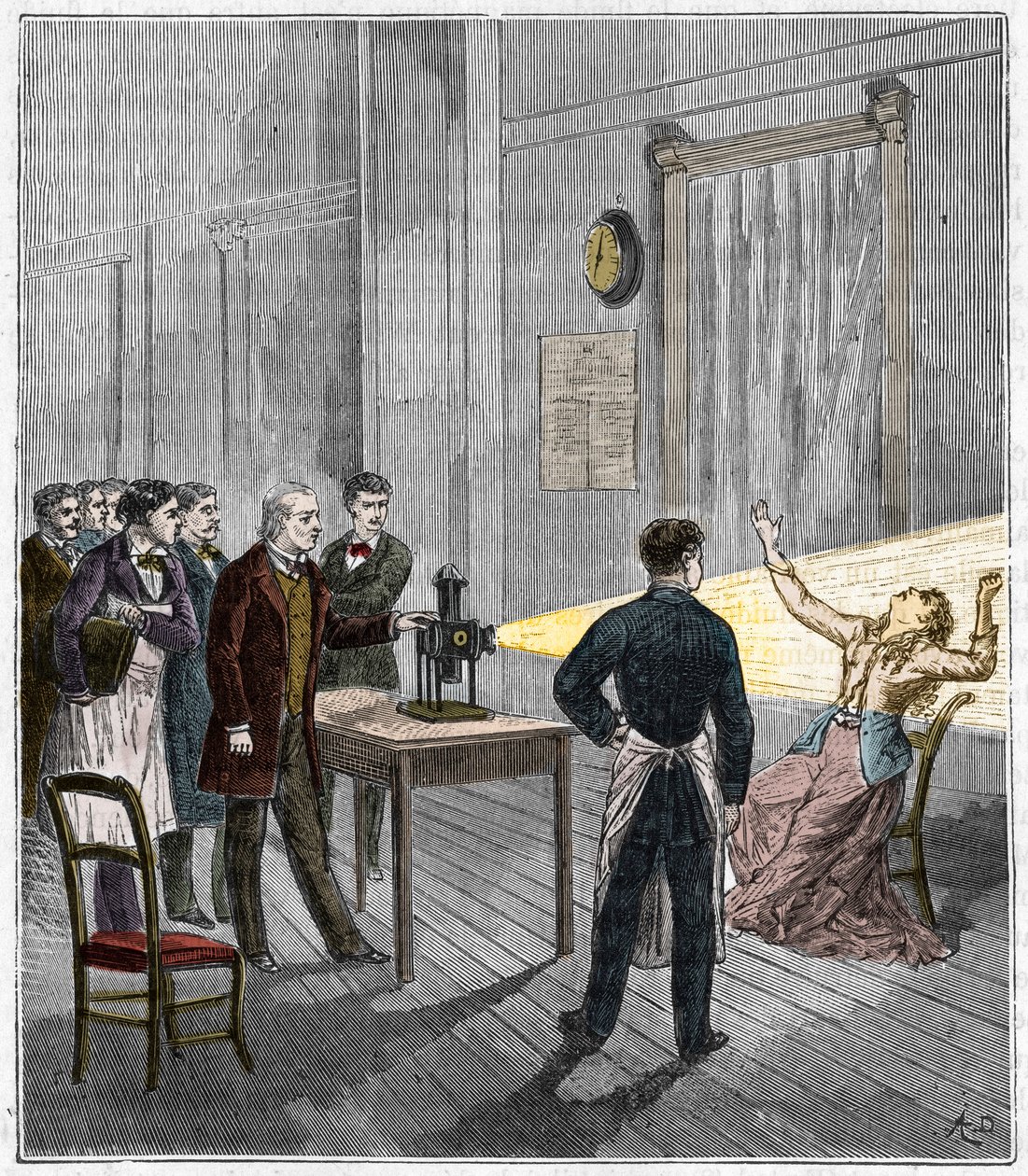 Katalepsi producerad under påverkan av ljus - Den franske neurologen Jean Martin Charcot (1825-1893) studerar fenomenet hypnos hos en patient på Salpetrieres sjukhus med hjälp av en trolllykta - Katalepsi - Jean Martin Charcot (1825-1893), fransk neu av French School