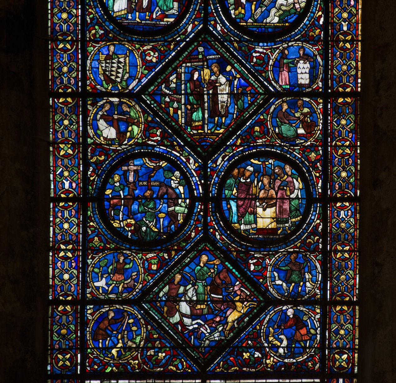 Cathedral of Chartres, målat glas: Saint Eustaches liv, låg detalj av French School