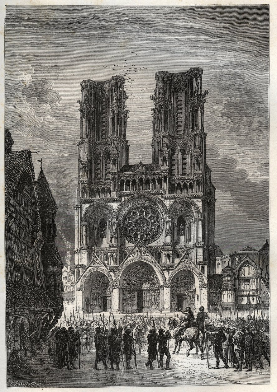 Cathedrale Notre-Dame (Notre Dame) de Laon (1150-1180), Aisne - Laon Cathedral - gravyr från "" Frankrikes historia berättad för mina barnbarn"" - av Francois Guizot - 1872-1876 av French School