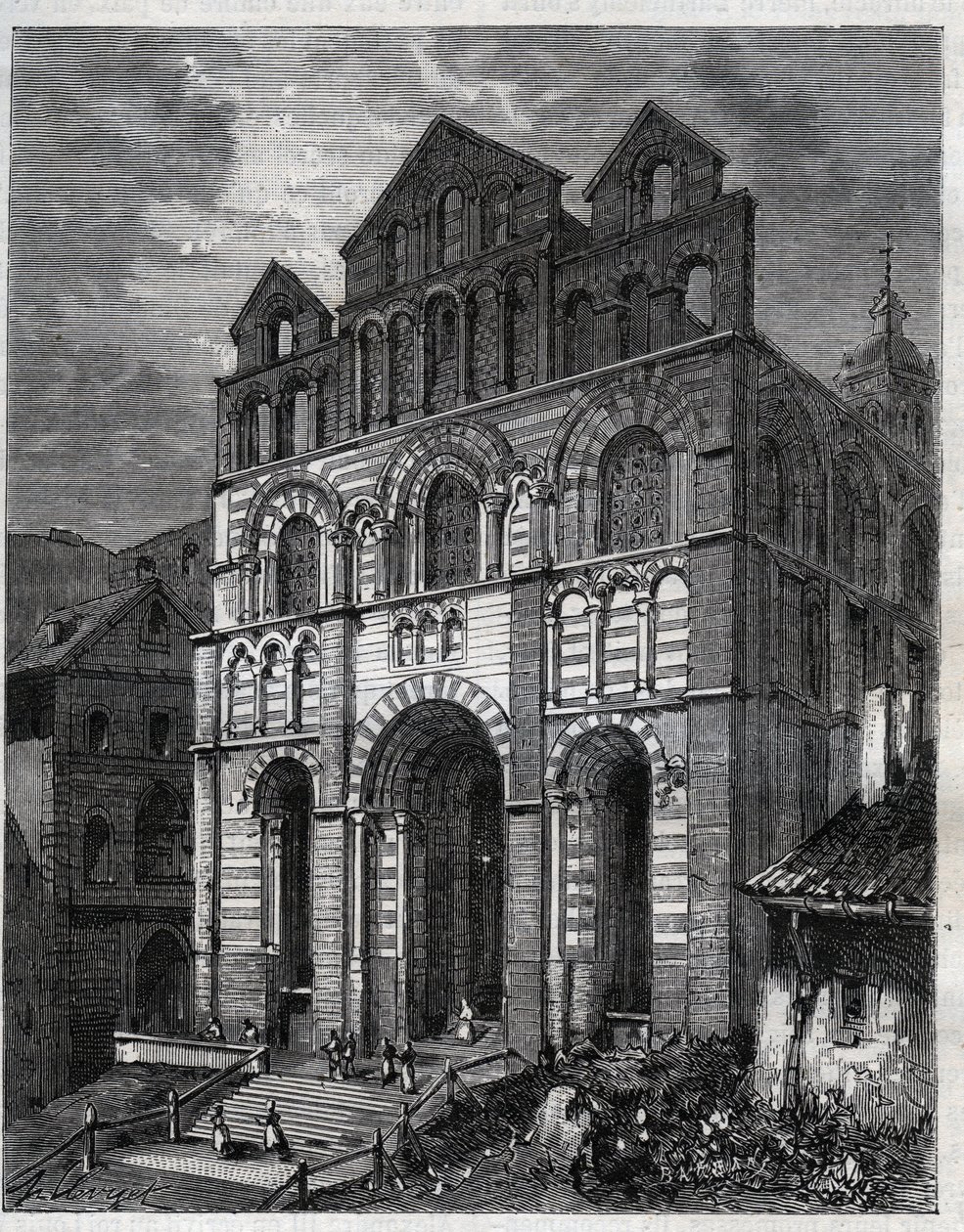 Vår Fru-katedralen av tillkännagivandet av Puy en Velay (Puy-en-Velay) - gravyr i "La France illustrée: geografi, historia, statistisk administration" av V.-A. Maltbrunt. 1884 av French School