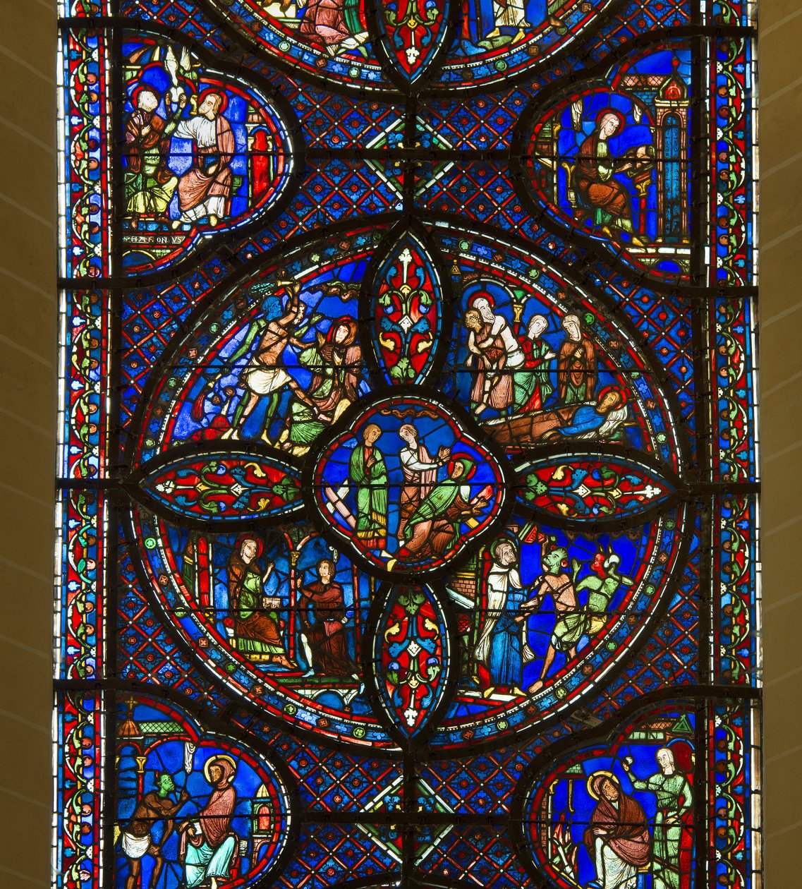 Cathedrale de chartres, målat glas: Saint Antoine och Saint Pauls liv, eremiter, detalj i mitten av French School