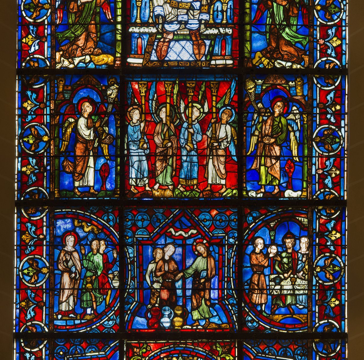 Cathedrale de chartres, målat glas: vår fru av det vackra glaset med under Kristi offentliga liv detaljcenter av French School