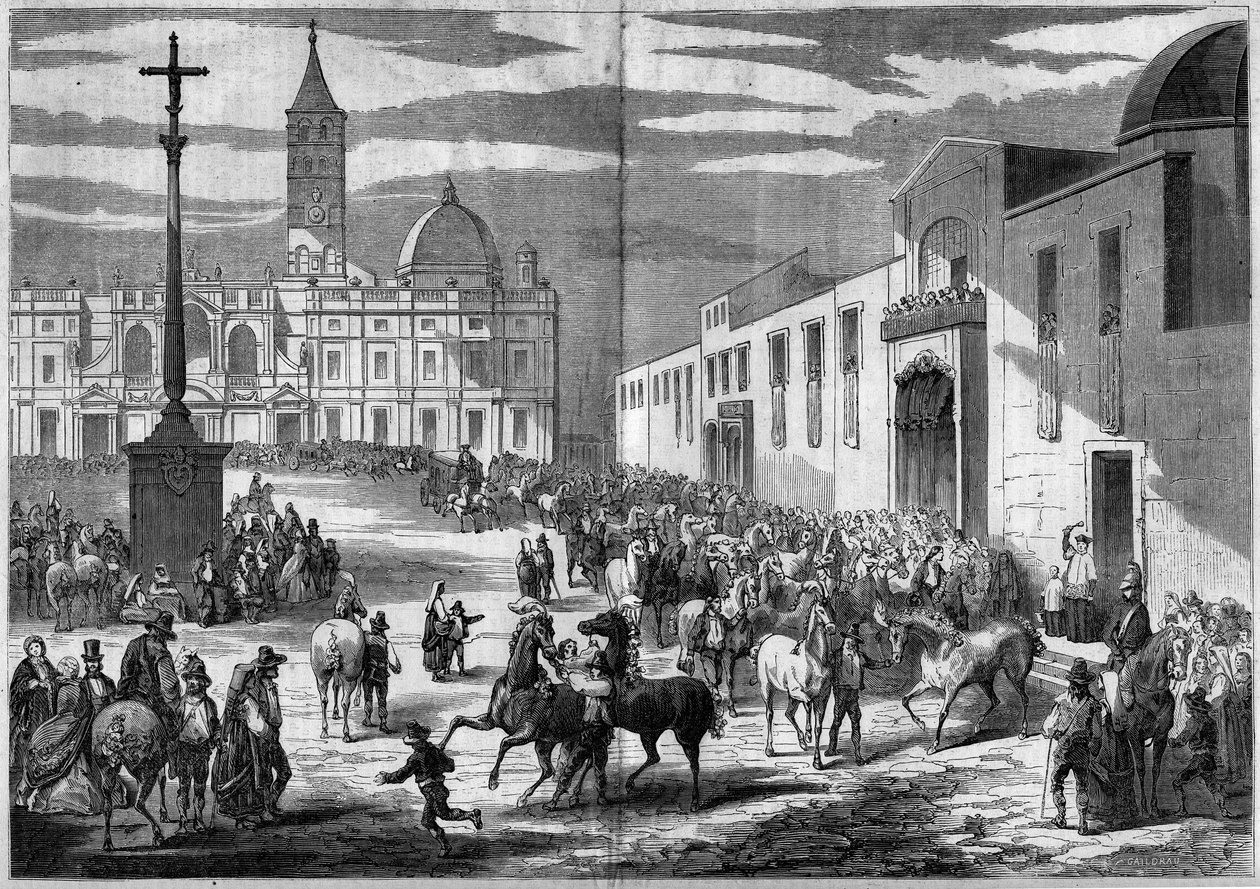 Katolsk högtid - Sankt Antonius: välsignelse av hästar på torget i kyrkan Sankta Maria Maggiore (Santa Maria Maggiore), Rom, Italien, januari 1859. Framför kyrkan, en granitpelare toppad av ett kors (1595) till minne av omvändelse av Henry av French School