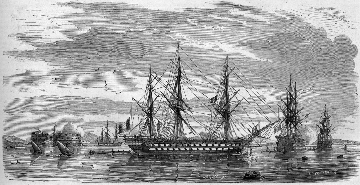 Katolsk fest: Långfredagen (Sky fredag) i Toulon (Var, 83) 1858. Fartygen har sina spön i kors och sina flaggor med halvfall som ett tecken på sorg. Gravyr i "" Le Monde Illustré"" nr 53 av 17 april 1858. av French School