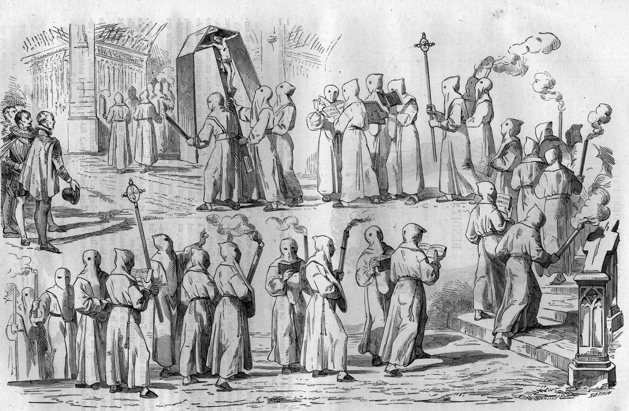 Katolskt nöje och vidskepelse. Procession av botgörande under attacken av Rom av kejsar Othon I den store (912-973). Gravyr i "Histoire des Papes-Rois-Queen and Empereurs a travers les centuries"" av Maurice Lachatre av French School