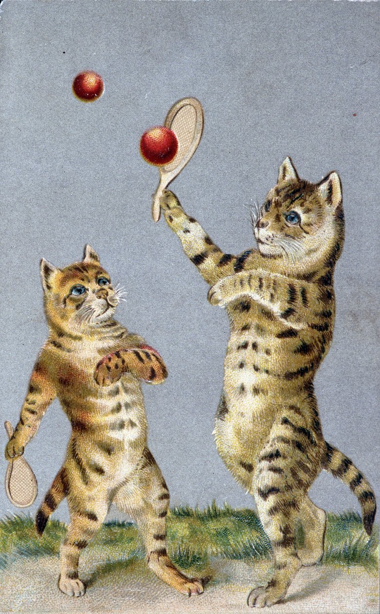 Katter som spelar tennis - vykort tidigt 1900-tal. av French School