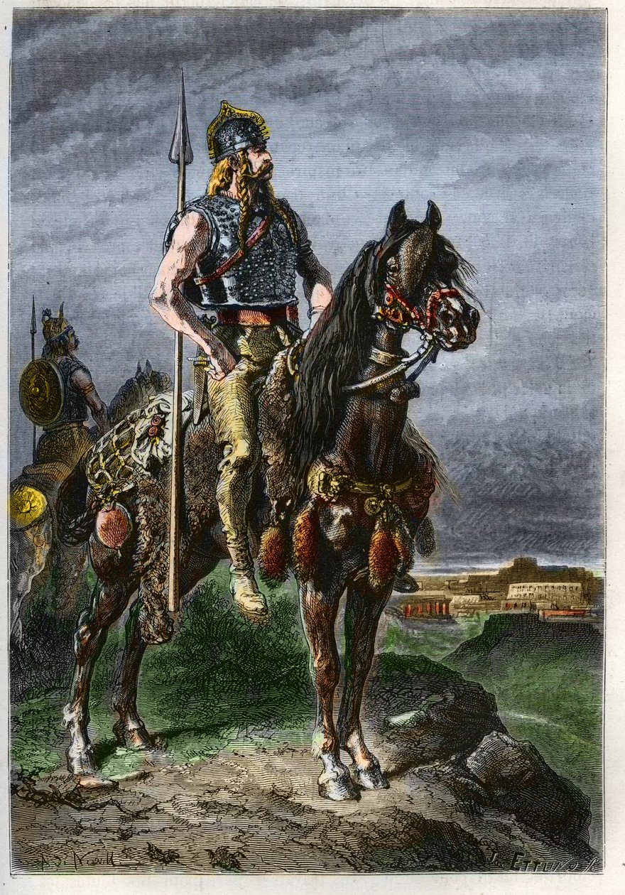 Cavalier Gaulois - Galler till häst i det antika romerska riket - gravyr från "" Frankrikes historia berättad för mina barnbarn"" - av Francois Guizot - 1872-1876 av French School