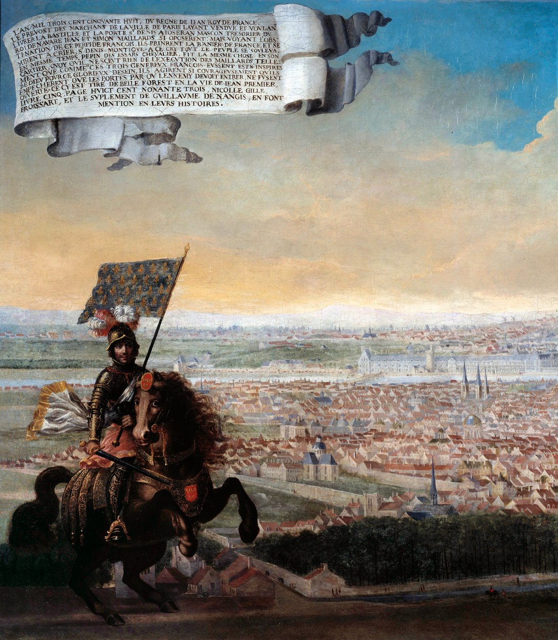 Kavaljervy över Paris från Faubourg Saint Jacques Åminnelse av försvaret av Paris av förbundskansler Pepin des Essarts efter sveket av Etienne Marcel, 1358. Detalj. Målning av Franska skolan. 1640 Sön. 0,96x1,92 m Paris, Musee Carnavalet av French School