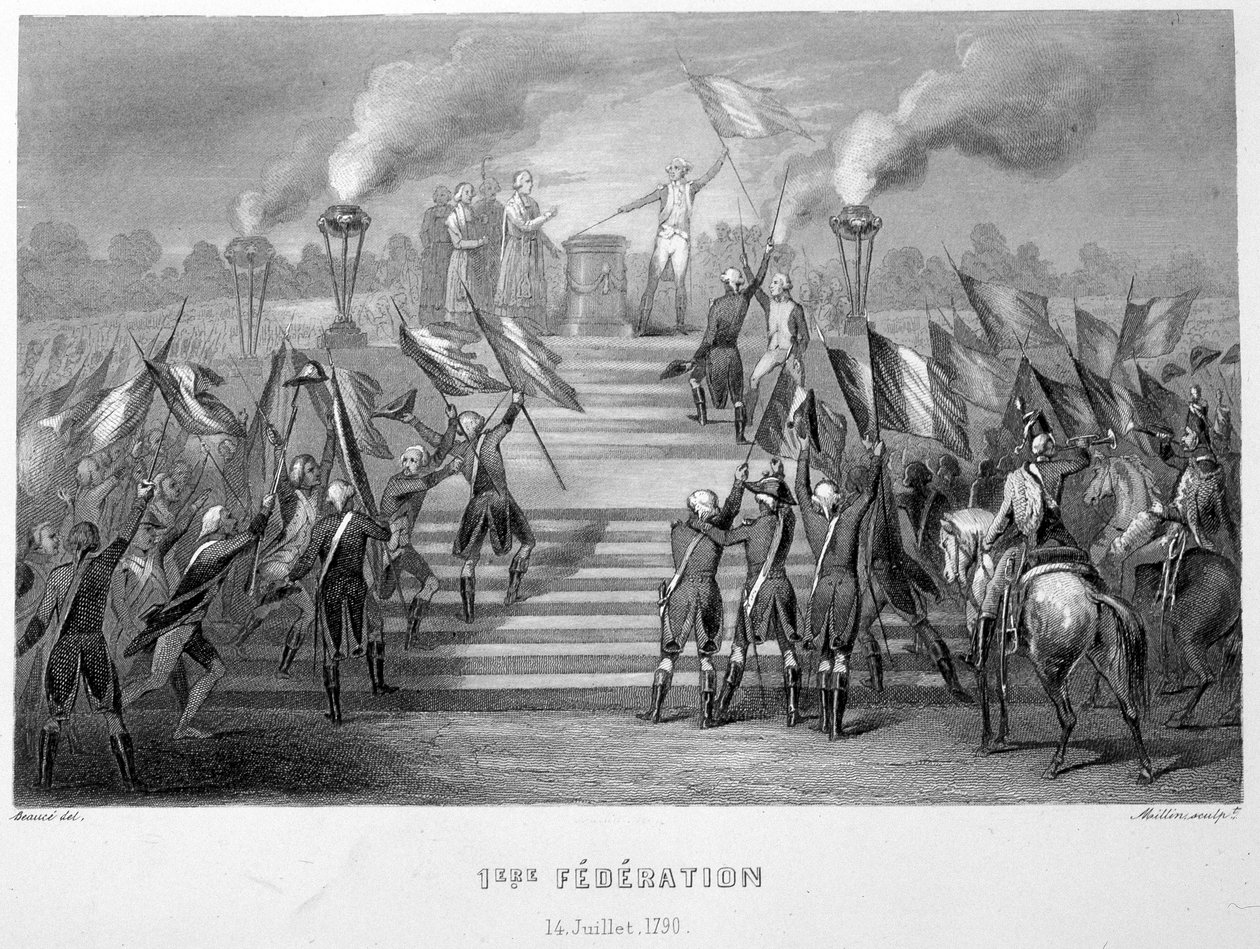 Firande av den 1:a nationella federationen den 14 juli 1790 på Fäderlandets altare i Champs-de-Mars, med anledning av 1-årsdagen av bastiljens erövring - i "Fasttes de Gardes nationales de France" av French School