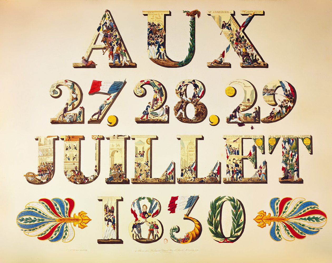 Firandet av de tre härliga dagarna, 27:e, 28:e och 29:e juli 1830 (färggravyr) av French School