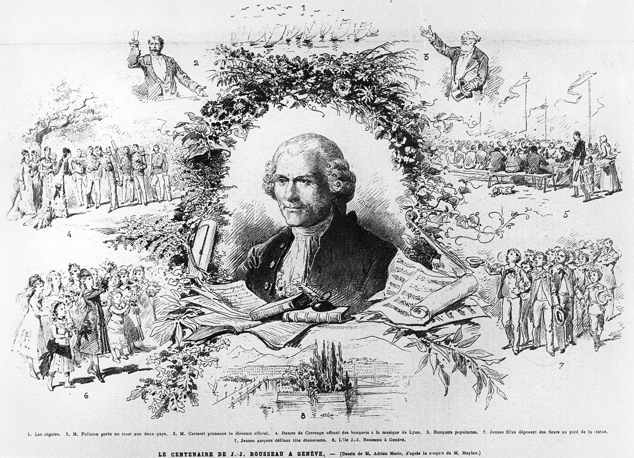 Firande i Genève för att fira hundraårsminnet av Jean-Jacques Rousseaus död, illustration från Le Monde Illustree, 1878 av French School