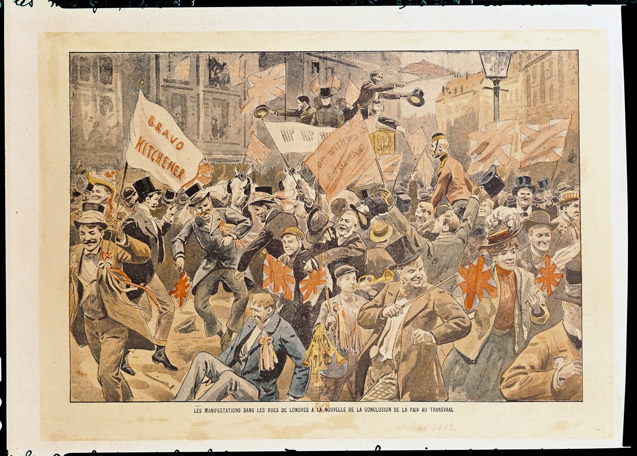 Firande på Londons gator efter nyheten om fredsslutet i Transvaal, maj 1902 (tryck) av French School