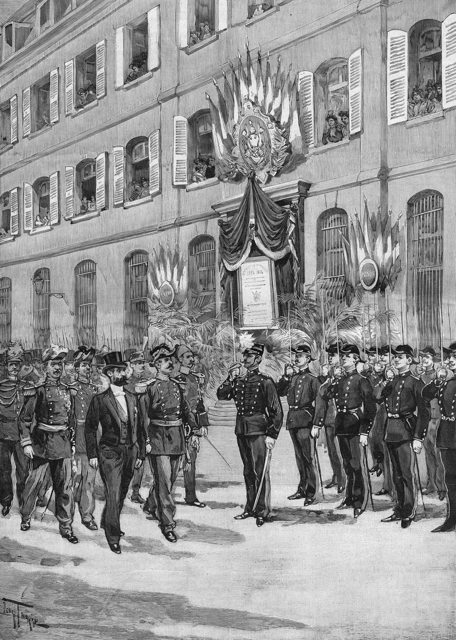 Hundraårsjubileet för Ecole Polytechnique: Sadi Carnot (1837-1894), fransk president som granskar studenterna, Paris 1894. av French School